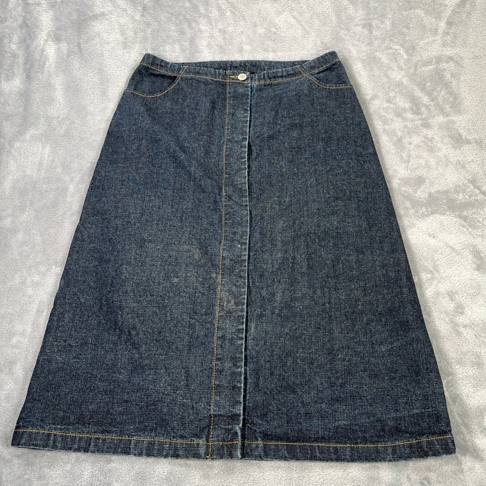 Vintage 90s French Connection Low Rise 8 Denim Midi Skirt A-Line Snap Modest